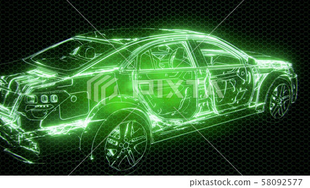 Holographic animation of 3D wireframe car model 58092577