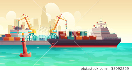 Cargo ship loading in port cartoon vector 58092869