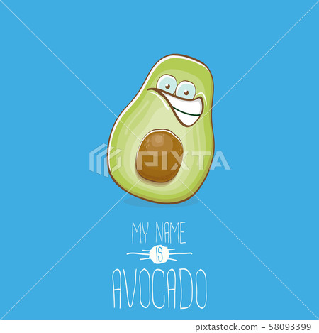 funny cartoon cute green avocado character isolated on blue background. My name is avocado vector 58093399