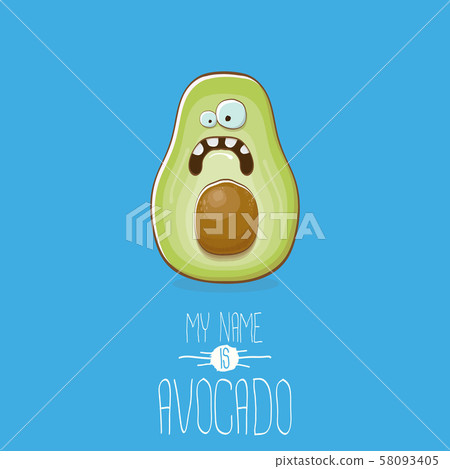funny cartoon cute green avocado character isolated on blue background. My name is avocado vector 58093405