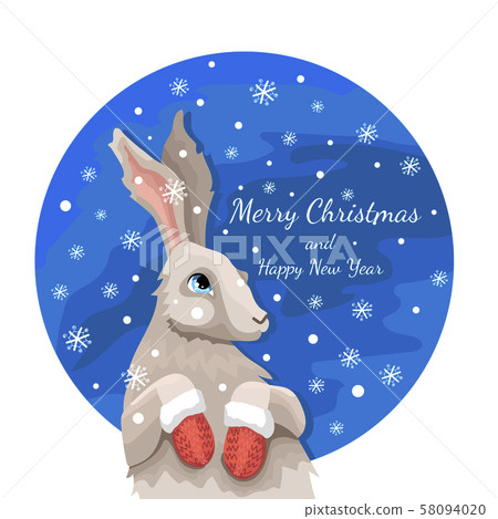 Christmas card with a hare, a congratulation merry Christmas, mittens on pads Christmas card with a hare, a congratulation merry Christmas, mittens on pads 58094020