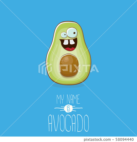 funny cartoon cute green avocado character isolated on blue background. My name is avocado vector 58094440