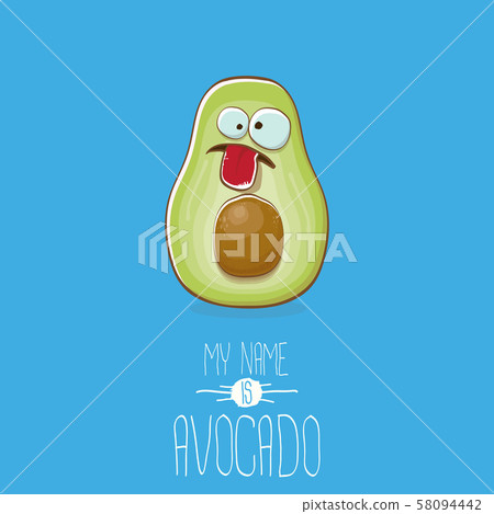 funny cartoon cute green avocado character isolated on blue background. My name is avocado vector 58094442