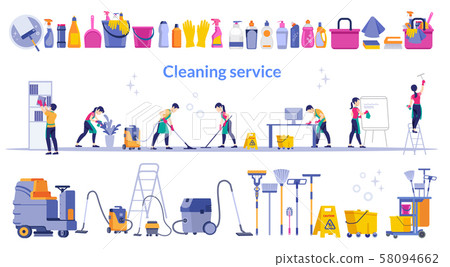 Cleaning service. Team of cleaning service working at office and a large set cleaning tool. 58094662
