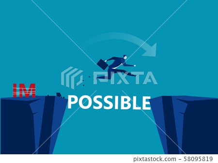 Business conquering obstacles challenge possible concept. Businessman taking risk jumping over gap, vector illustration 58095819