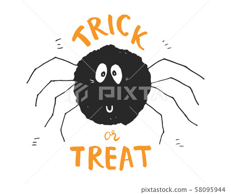 Halloween greeting card design. Cute spider cartoon hand drawn doodle, Trick or treat lettering vector illustration. 58095944
