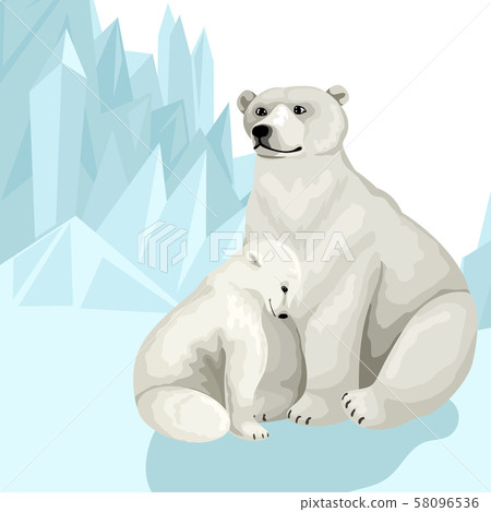 White polar bear with baby cub. Sit on the snow among the mountains of ice. Vector print card design White polar bear with baby cub. Sit on the snow among the mountains of ice. Vector print card design 58096536