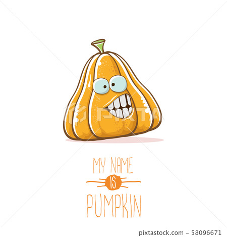 vector funny cartoon cute orange smiling pumkin isolated on white background. My name is pumkin 58096671