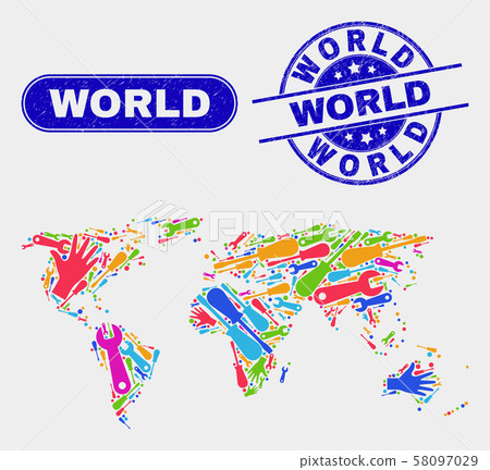 Tools World Map and Scratched World Stamps Tools World Map and Scratched World Stamps 58097029
