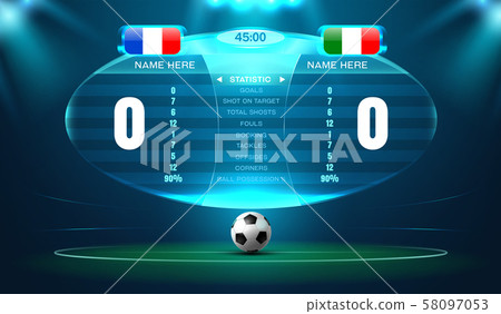 soccer football stadium spotlight and scoreboard 58097053