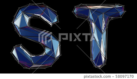 Letter set S, T made of realistic 3d render blue color. Collection of low polly style alphabet Letter set S, T made of realistic 3d render blue color. Collection of low polly style alphabet 58097170