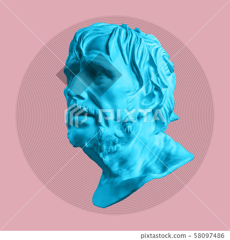 Contemporary art concept collage with antique statue head in a surreal style. Modern unusual art. Contemporary art concept collage with antique statue head in a surreal style. Modern unusual art. 58097486