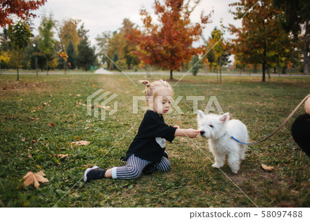 Mother and little daughter walking with her dog in autumn weather. Stylish little daughter and her 58097488