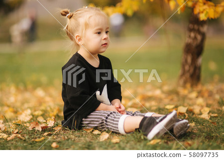Portrait of little girl walking in the part in autumn. Blond hairl female kid outside. Warm autumn 58097735
