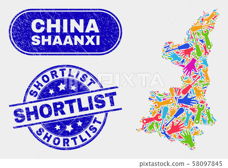 Factory Shaanxi Province Map and Grunge Shortlist Stamps 58097845
