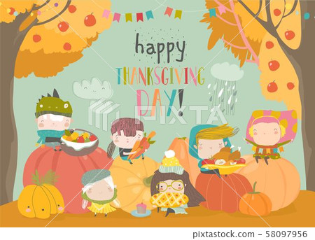 Cartoon children harvesting in autumn garden. Happy Thanksgiving Day Cartoon children harvesting in autumn garden. Happy Thanksgiving Day 58097956
