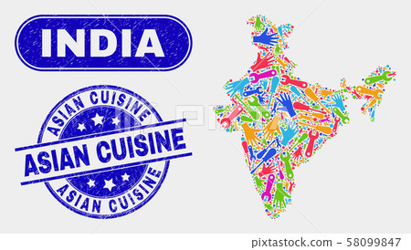 Industrial India Map and Scratched Asian Cuisine Stamps 58099847