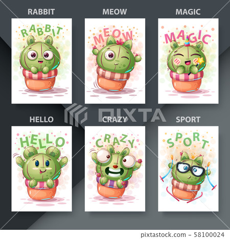 Cartoon illustration - set cactus characters. Cartoon illustration - set cactus characters. 58100024