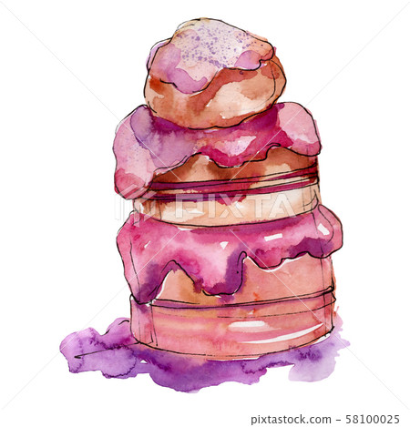 Tasty cake in a watercolor style. Background illustration set. Watercolour drawing fashion aquarelle Tasty cake in a watercolor style. Background illustration set. Watercolour drawing fashion aquarelle 58100025