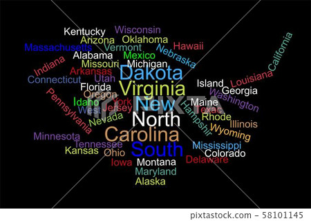 USA word cloud map with words all states names USA word cloud map with words all states names 58101145