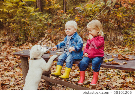 Babies and doggy in the autumn park 58101206