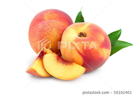 Ripe peach fruit and slice with leaf isolated on white background Ripe peach fruit and slice with leaf isolated on white background 58102401