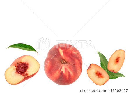 Ripe chinese flat peach fruit and half with leaf isolated on white background. Top view. Flat lay Ripe chinese flat peach fruit and half with leaf isolated on white background. Top view. Flat lay 58102407