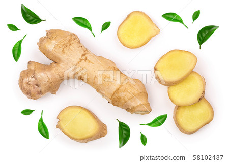 fresh Ginger root and slice isolated on white background. Top view. Flat lay 58102487