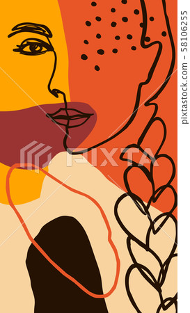 One line portrait of a woman with a long braid and Abstract shapes. Mobile Wallpapers in minimalist One line portrait of a woman with a long braid and Abstract shapes. Mobile Wallpapers in minimalist 58106255