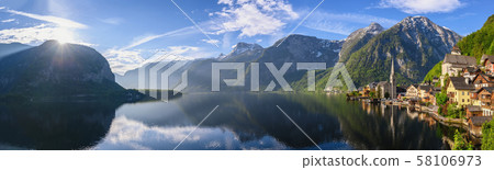 Hallstatt Austria, sunrise panorama nature landscape of Hallstatt village with lake and mountain Hallstatt Austria, sunrise panorama nature landscape of Hallstatt village with lake and mountain 58106973