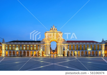 Lisbon Portugal city skyline at Arco da Rua Augusta and Commerce Square 58106974