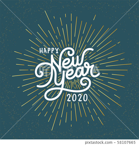 Happy New Year Lettering with burst rays. Holiday Vector Illustration. Lettering Composition And Happy New Year Lettering with burst rays. Holiday Vector Illustration. Lettering Composition And 58107665