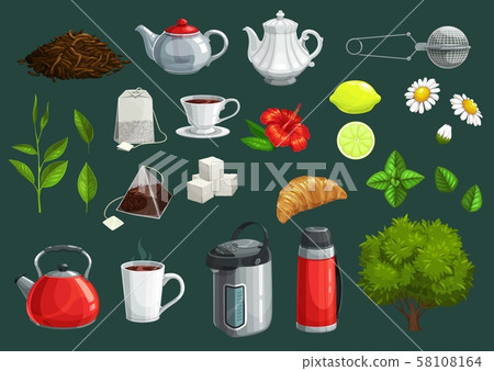 Tea icons of cups, teapot, leaves, sugar, teabags Tea icons of cups, teapot, leaves, sugar, teabags 58108164