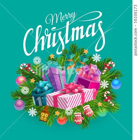 Christmas gifts, presents and Xmas tree branches Christmas gifts, presents and Xmas tree branches 58108173