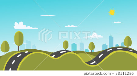 Nature landscape with road and town vector Nature landscape with road and town vector 58111286