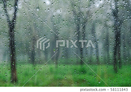 Raindrops on the window glass among the beautiful and refreshing green forest. The pure nature relieves the heart for humans. Raindrops on the window glass among the beautiful and refreshing green forest. The pure nature relieves the heart for humans. 58111843