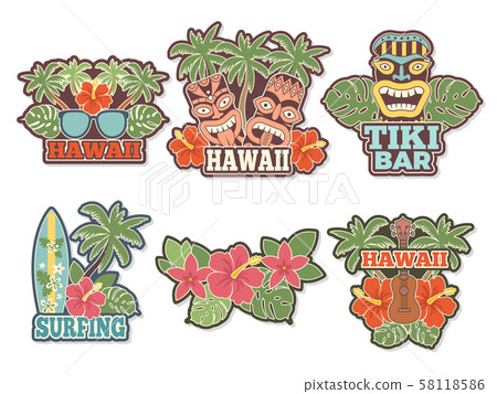 Different colored stickers and badges set with symbols of hawaiian culture 58118586