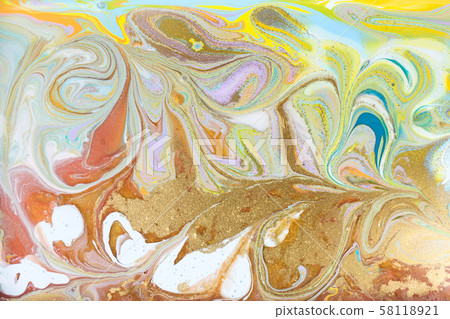Colorful pastel marble pattern with golden glitter. Abstract liquid background Colorful pastel marble pattern with golden glitter. Abstract liquid background 58118921