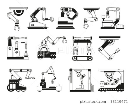 Robotic hands for manufacturing industry. Monochrome pictures Robotic hands for manufacturing industry. Monochrome pictures 58119471