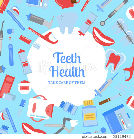 Vector flat style teeth hygiene background illustration with plain circle in center with place for Vector flat style teeth hygiene background illustration with plain circle in center with place for 58119473