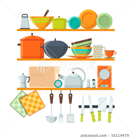 Kitchen tools and restaurant equipment on shelves Kitchen tools and restaurant equipment on shelves 58119479