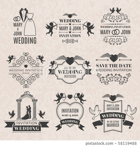 Wedding labels set in victorian style. Monochrome pictures set for badges or logos Wedding labels set in victorian style. Monochrome pictures set for badges or logos 58119488