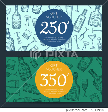Vector alcohol drink bottles and glasses discount or gift card Vector alcohol drink bottles and glasses discount or gift card 58119489