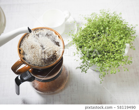 滴水咖啡，咖啡杯和室內植物 58119490