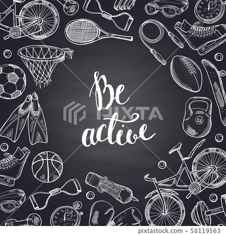 Vector hand drawn sports equipment contoured on chalkboard illustration 58119563