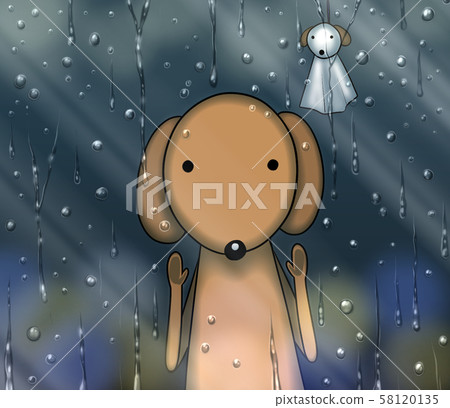 一隻希望在雨天滴在窗玻璃上的陽光明媚的狗 58120135