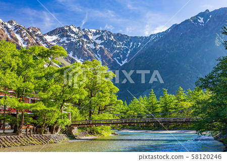 新鮮的綠色上高地和河童橋/早晨 新鮮的綠色上高地和河童橋/早晨 58120246