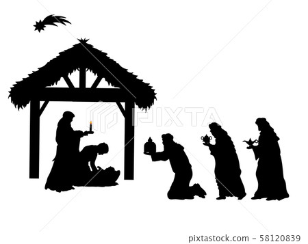 Holiday silhouettes christmas. Sages bowed to Christ. 58120839