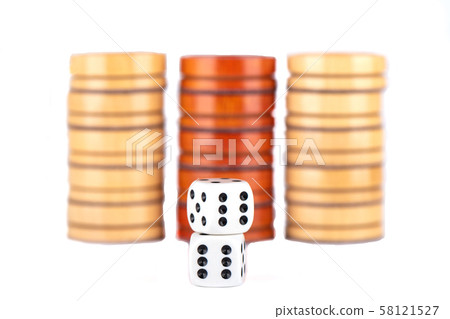 Several checkers and dice on isolated over white 58121527