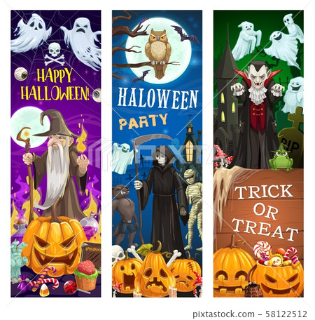 Halloween ghosts, dracula vampire, pumpkins, bats 58122512